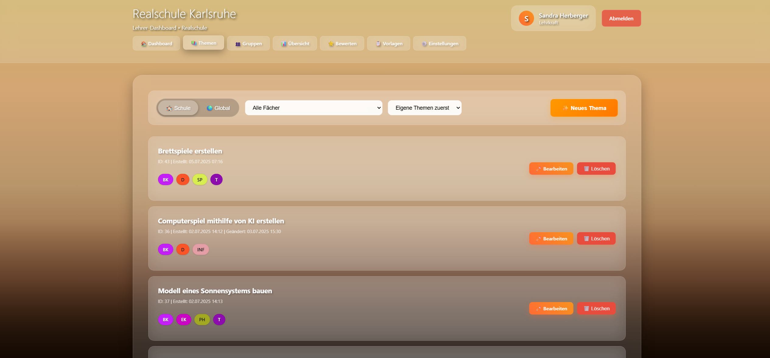 Lehrer-Dashboard Ansicht 1